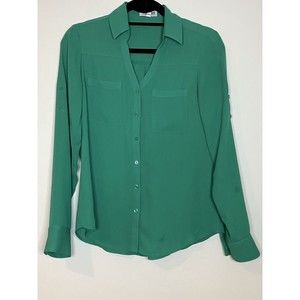 Express Women's Portofino Kelly Green Roll Tab Sleeve Button Down Blouse XS